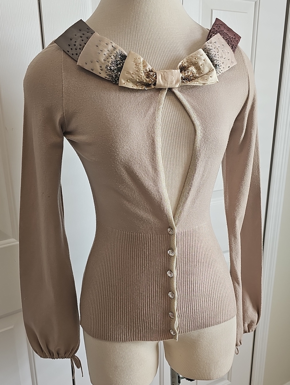Miss Sixty Embellished Bow Cardigan Womens Size S Tan Y2K Glam Crystal Knit